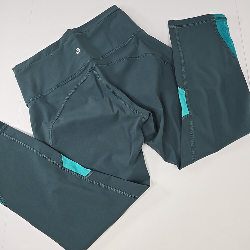 LULULEMON SIZE 6 MIX AND MESH CROP LEGGINGS COLORBLOCK TEAL SHADOW SPIRIT GREEN.